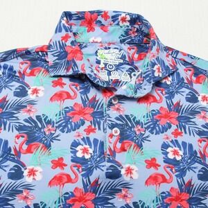 TailorByrd Polo Shirt Mens Medium Blue Flamingo Floral Hawaiian Golf SPF 30 M